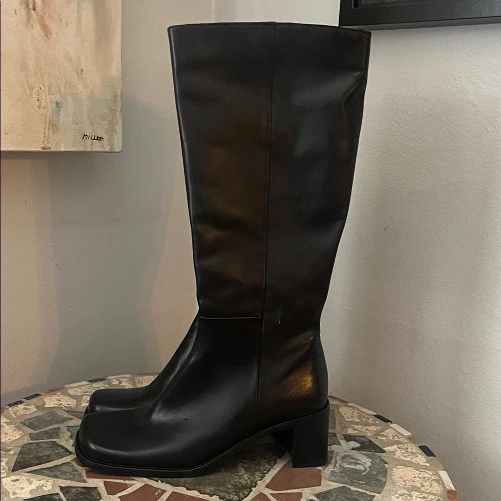 Classic Black Leather Block Heel Boots